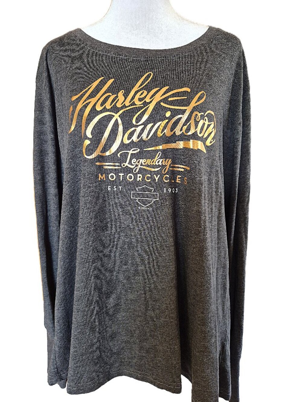 Harley Davidson Motorcycles Women's T-Shirt Tee Gray Gold Metallic Script Sz 3XL